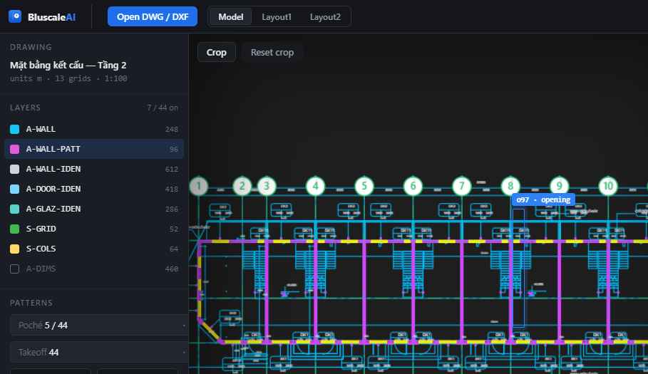 BluscaleAI reading a structural blueprint with detected poché and openings